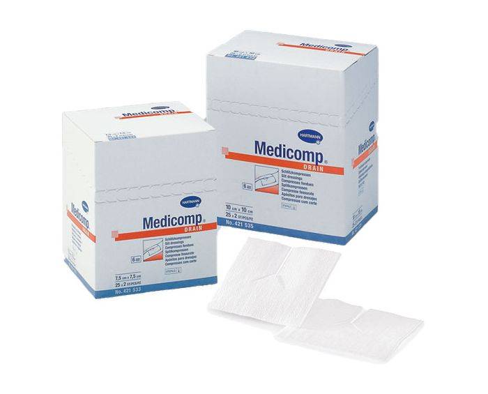 Medicomp-Drain-γάζα-τραχειοστομίας Medicomp Drain γάζα τραχειοστομίας μη υφασμένη (non-woven) αποστειρωμένη 10x10cm 6πλή (25x2τεμ)